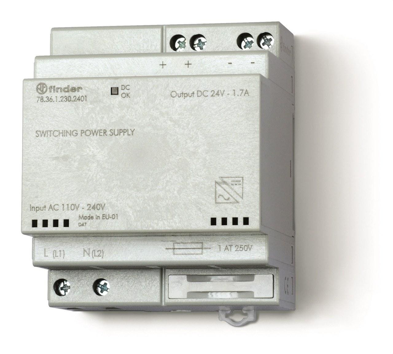 FINDER - Fuente de alimentación conmutada SERIE 78, salida 24V DC 1,5A 36W, entrada 120...240V AC / 220V DC, fusible de entrada sustituible