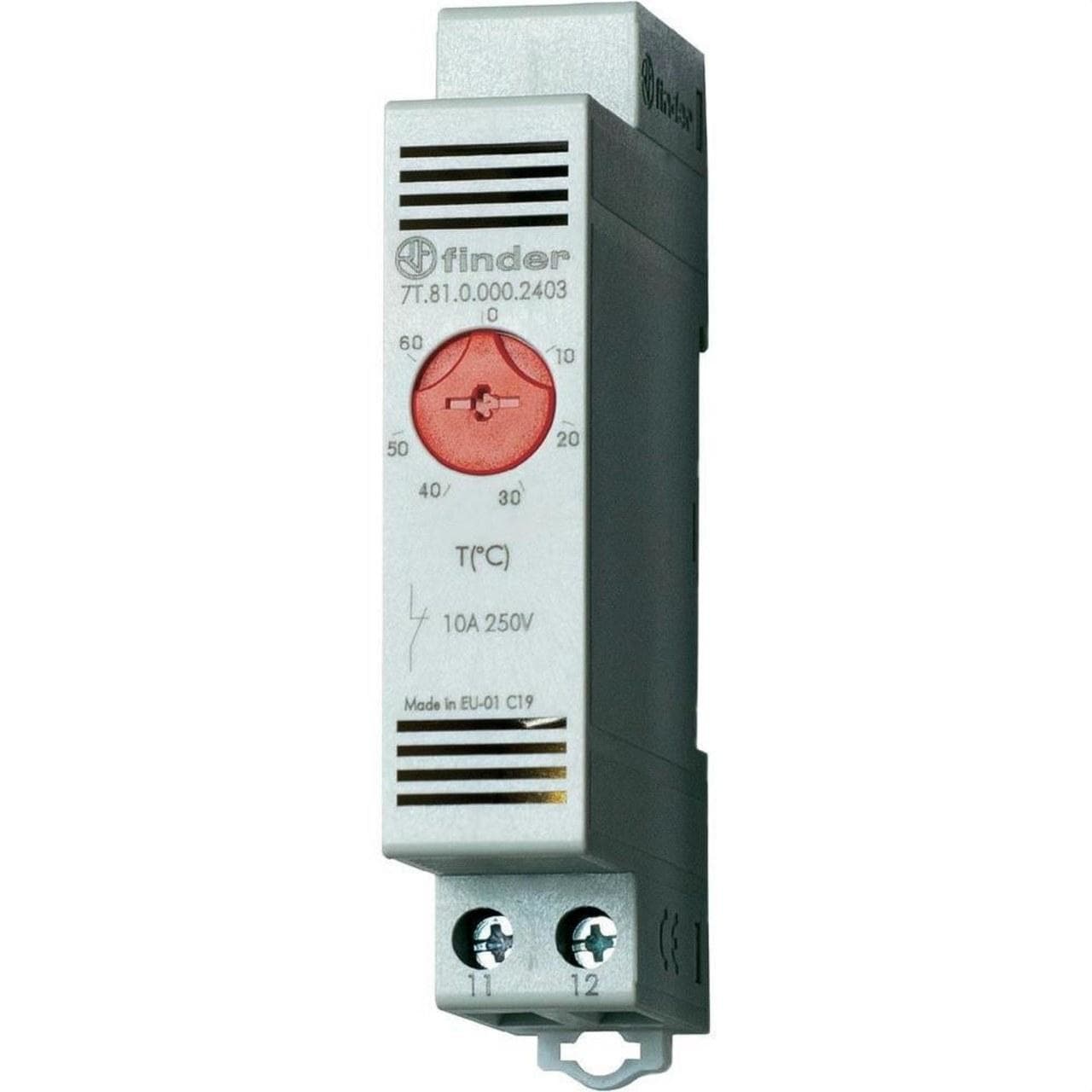 FINDER - Termostato de cuadro SERIE 7T para control térmico, 1NC, temperatura regulable, 0 a +60°C