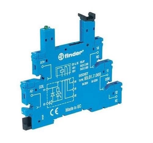 FINDER - Zócalo SERIE 93 para relés de la SERIE 34, 1 contacto de 6A, bornes de jaula, carril 35mm, 24V DC