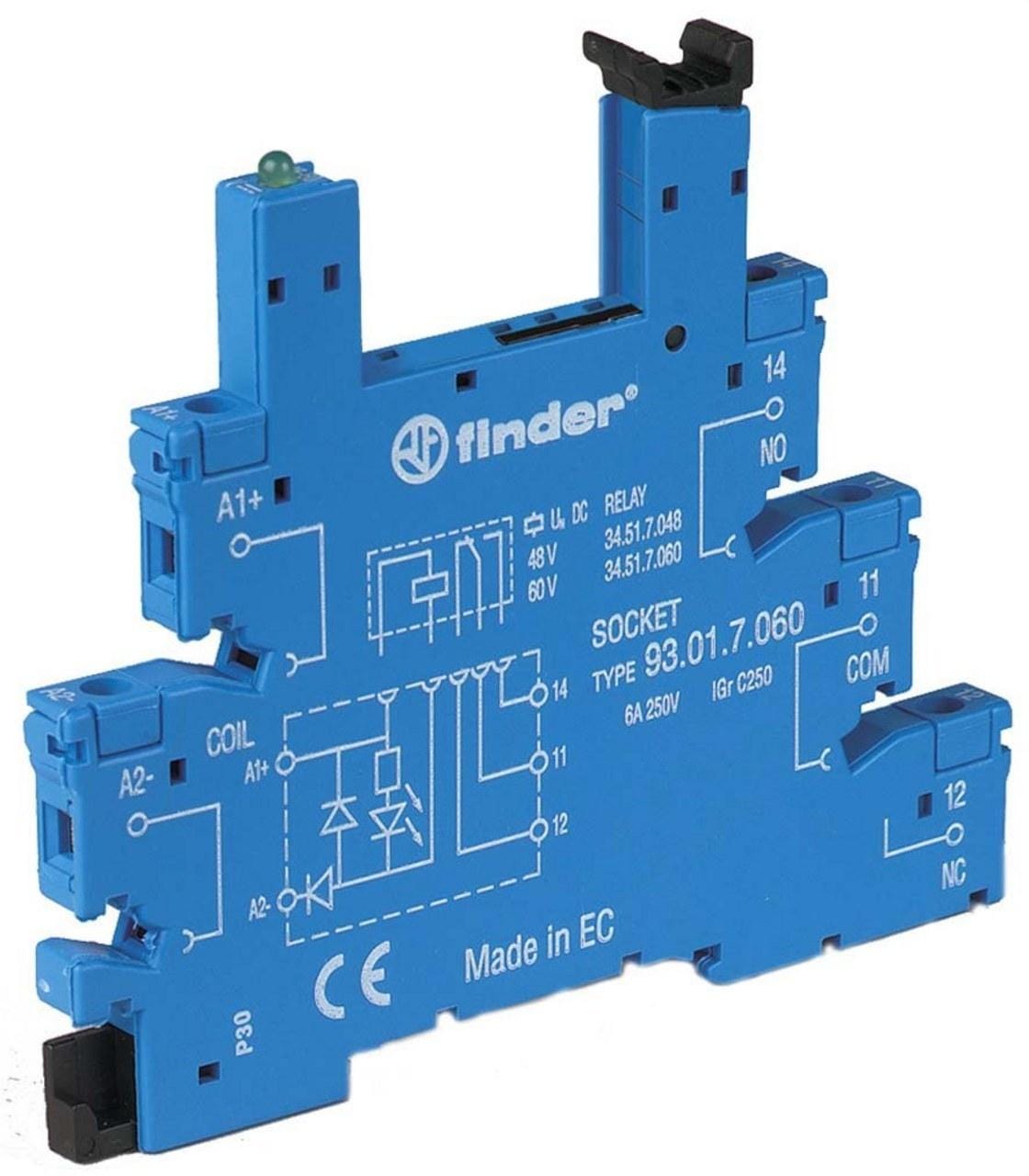 FINDER - Zócalo SERIE 93 para relés de la SERIE 34, 1 contacto de 6A, bornes de jaula, carril 35mm, 60V DC