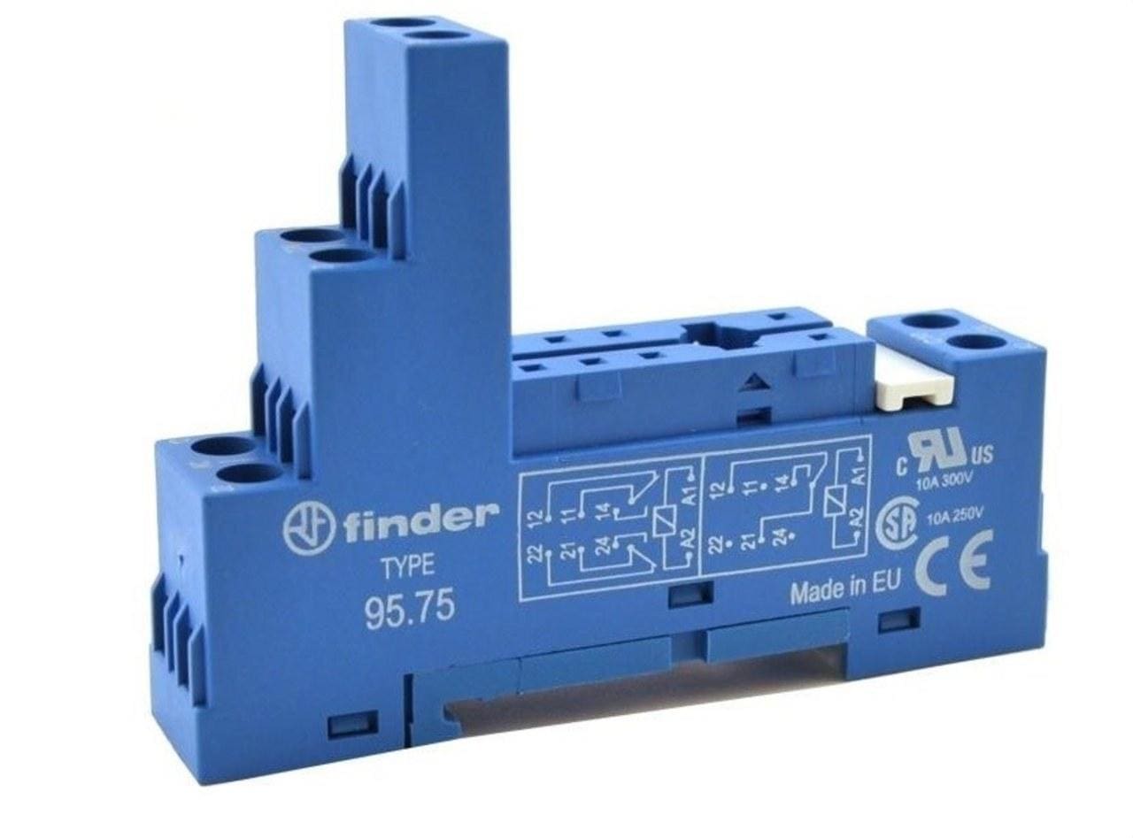 FINDER - Zócalo SERIE 95 para relé 40.51/40.52/40.61/40.62, bornes de jaula, panel o carril 35mm, azul, 0.5Nm, cable 7mm (emb.brida metálica)