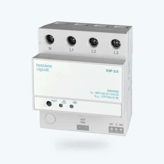 TOSCANO - Protector de sobretensión permanente V3P3.0 trifásica 400V AC para conexión bobina máxima / mínima contactor