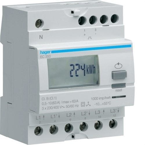 HAGER - Contador energía trifásica 63A 230V medida directa