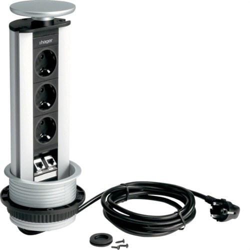 HAGER - Minicolumna telescópica 3 schuko+cable 3m aluminio