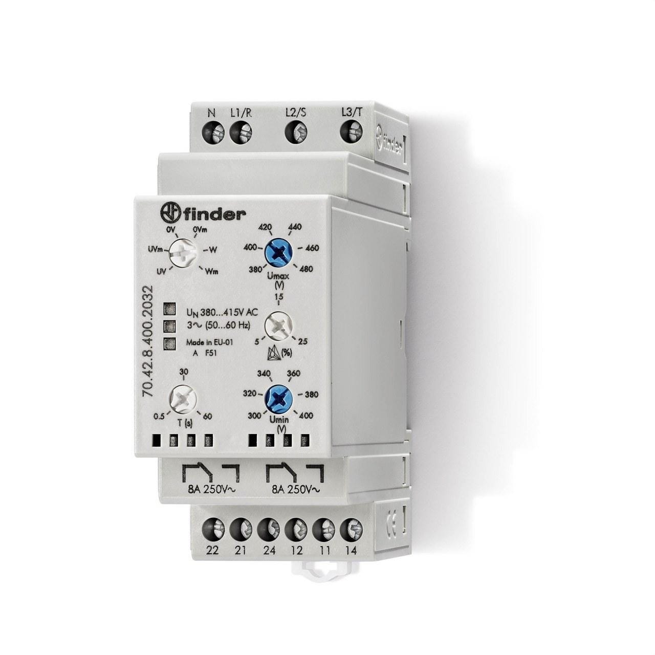 FINDER - Relé de vigilancia de tensión de red trifásica SERIE 70, 2 contactos conmutados, 8A, 380...415V AC, memoria de fallo selectiva