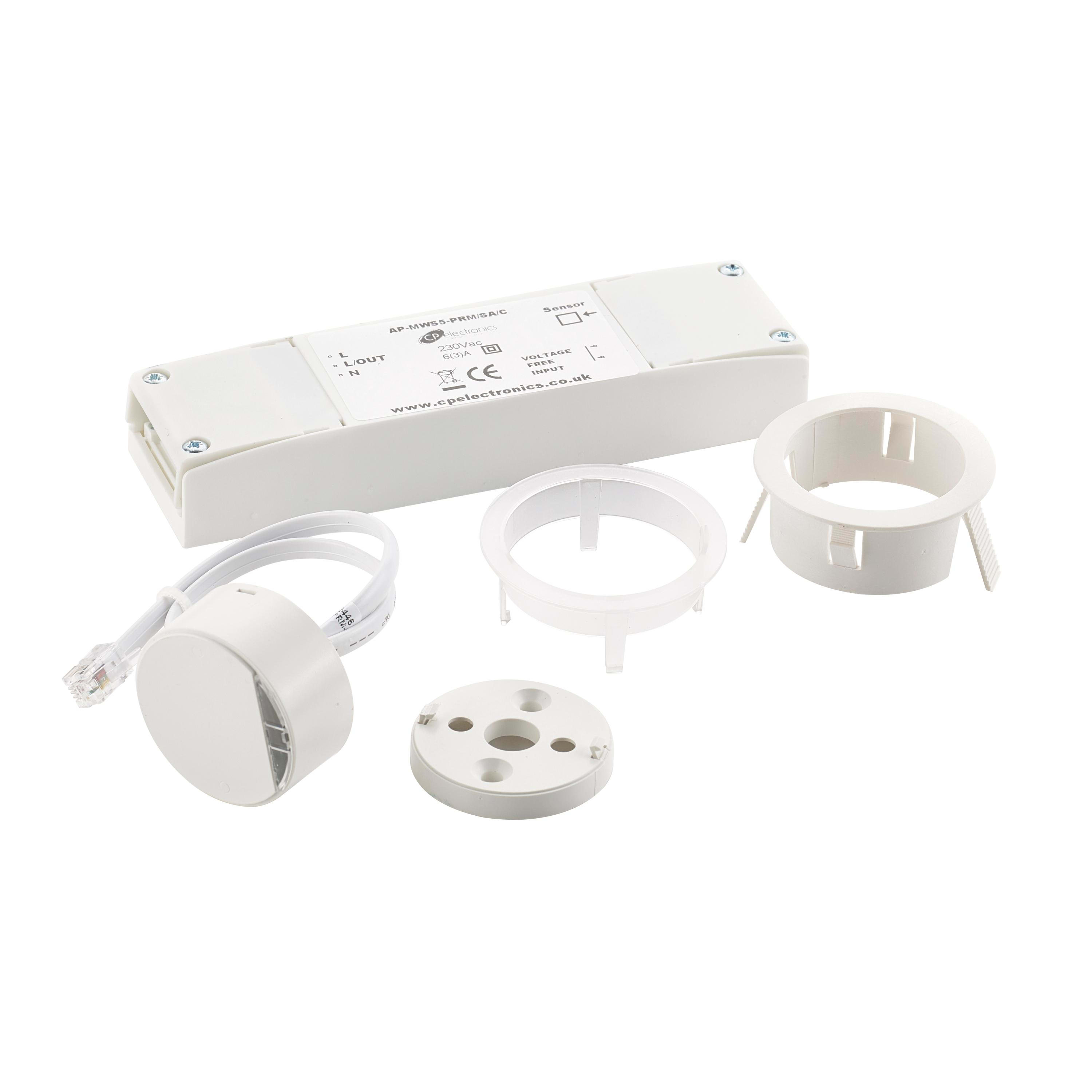 CP.ELECTRONICS - Detector de presencia/ausencia, alta frecuencia, ON/OFF, compacto, IP40, techo, empotrado, incluye precableados fuente de alimentación