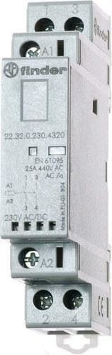 FINDER - Contactor modular SERIE 22, 2NC 25A AgSnO2, 230V AC/DC, indicador mecánico + LED