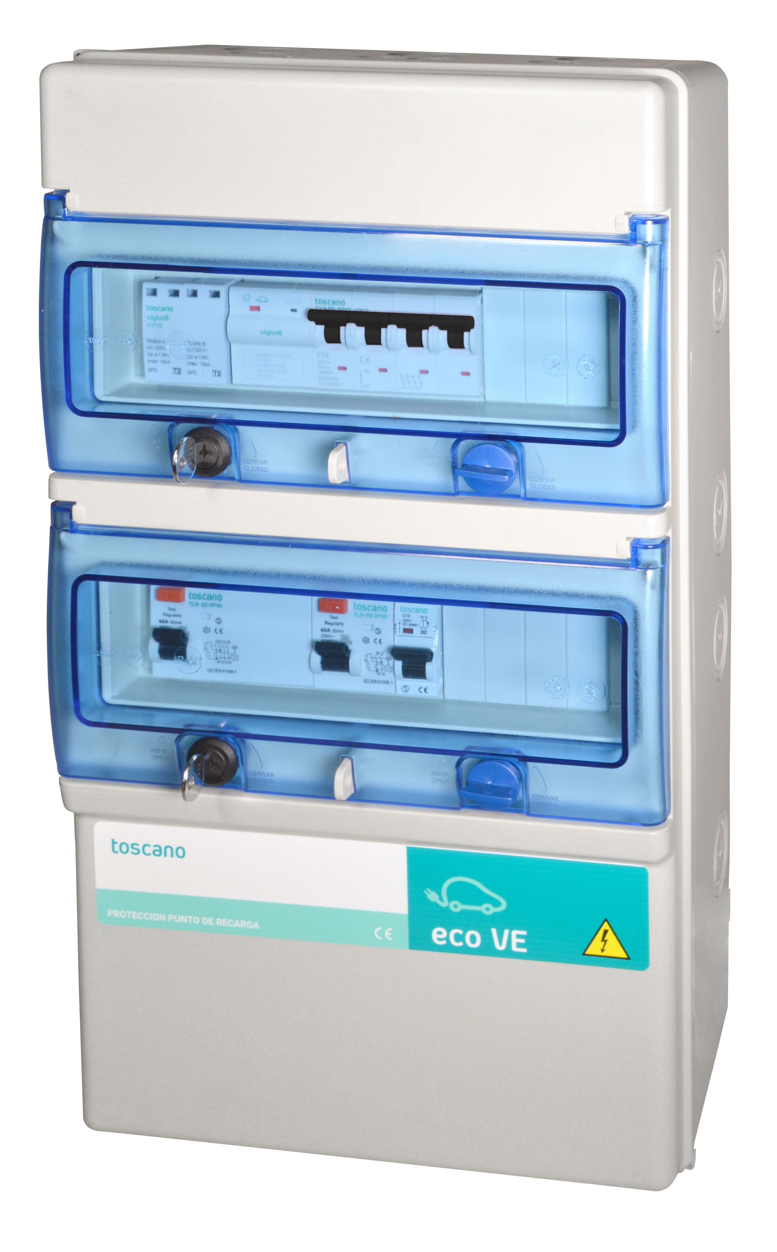 TOSCANO - Cuadro de mando y protección ECO-VE-4P-40A-T+P 4 polos 40A 230/400V AC para recarga de vehículos eléctricos