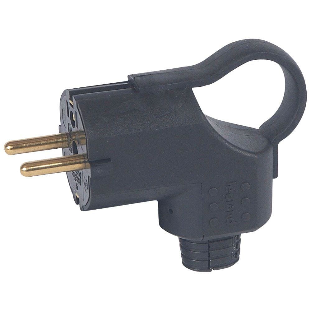 LEGRAND - Clavija 2P+T 16A IP20 con anillo tirador, salida lateral. Material caucho de gran resistencia