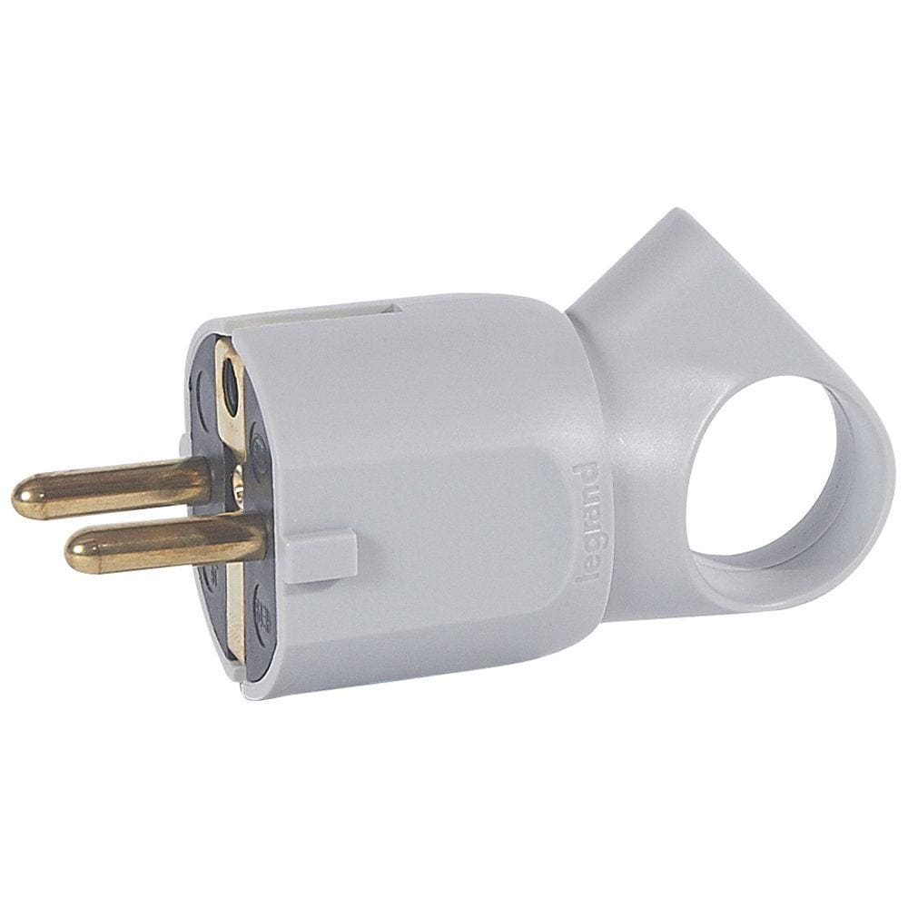 LEGRAND - Clavija 2P+T 16A con anillo tirador. Salida de cable a 45º recta o lateral. Gris