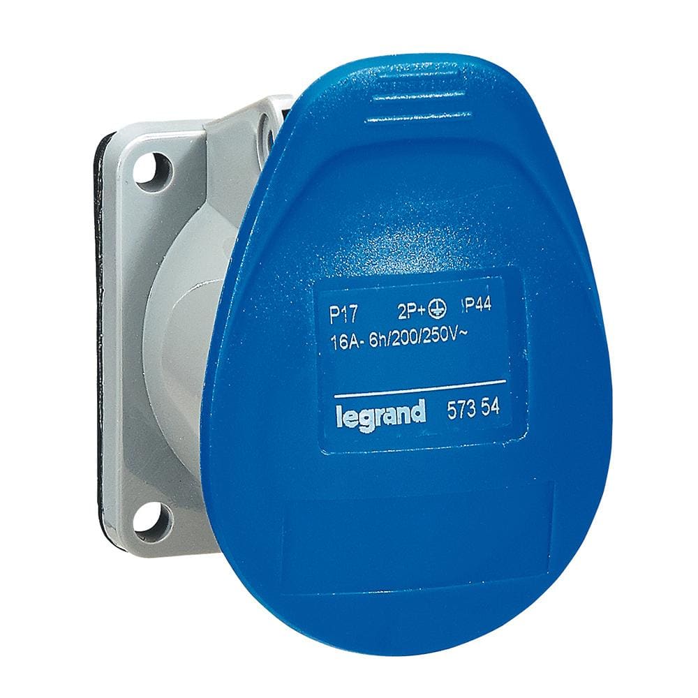 LEGRAND - Toma de corriente para montaje en panel P17. 2P+T, 16A, 200/250V~, IP44. Salida recta. Bases para cuadros dimensiones reducidas. Azul