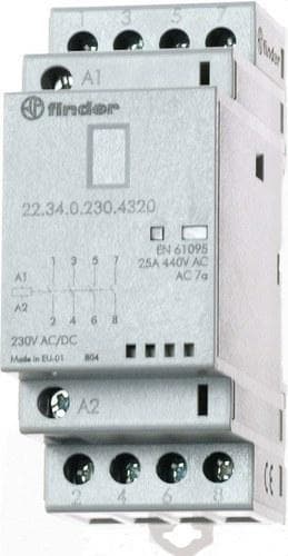 FINDER - Contactor modular SERIE 22, 4NA 25A AgSnO2, 230V AC/DC, indicador mecánico + LED (emb.1u)