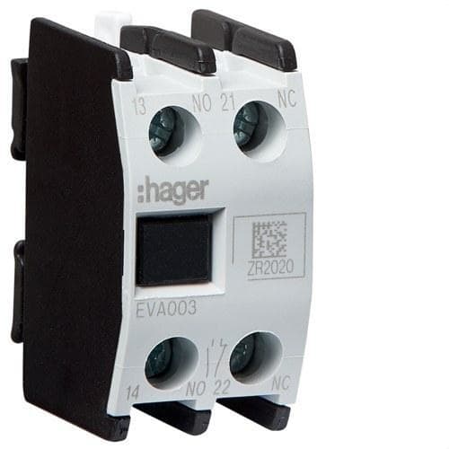 HAGER - Contacto auxiliar conexión frontal 1 NA+1 NC para contactor tamaño 3/4"