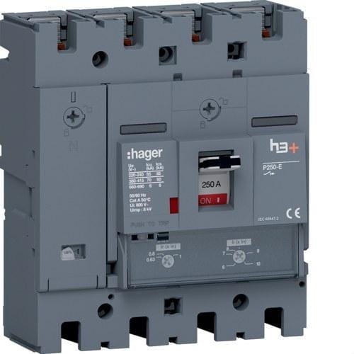 HAGER - Interruptor automático caja moldeada h3+ P250 4P N0-100% 250A 70kA relé TM