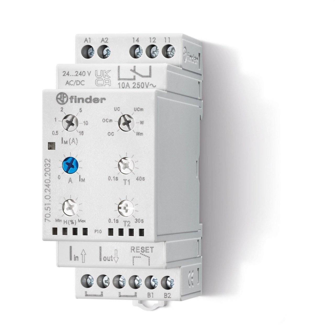 FINDER - Relé universal de control y supervisión de corriente SERIE 70, AC/DC 0,5-16A, 1 contacto conmutado, 10A, memoria de fallo selectiva