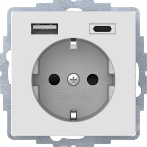 HAGER - Toma Schuko con USB A+C 16A 250V AC con protección infantil, conexión por tornillo series Berker Q.x blanco polar mate