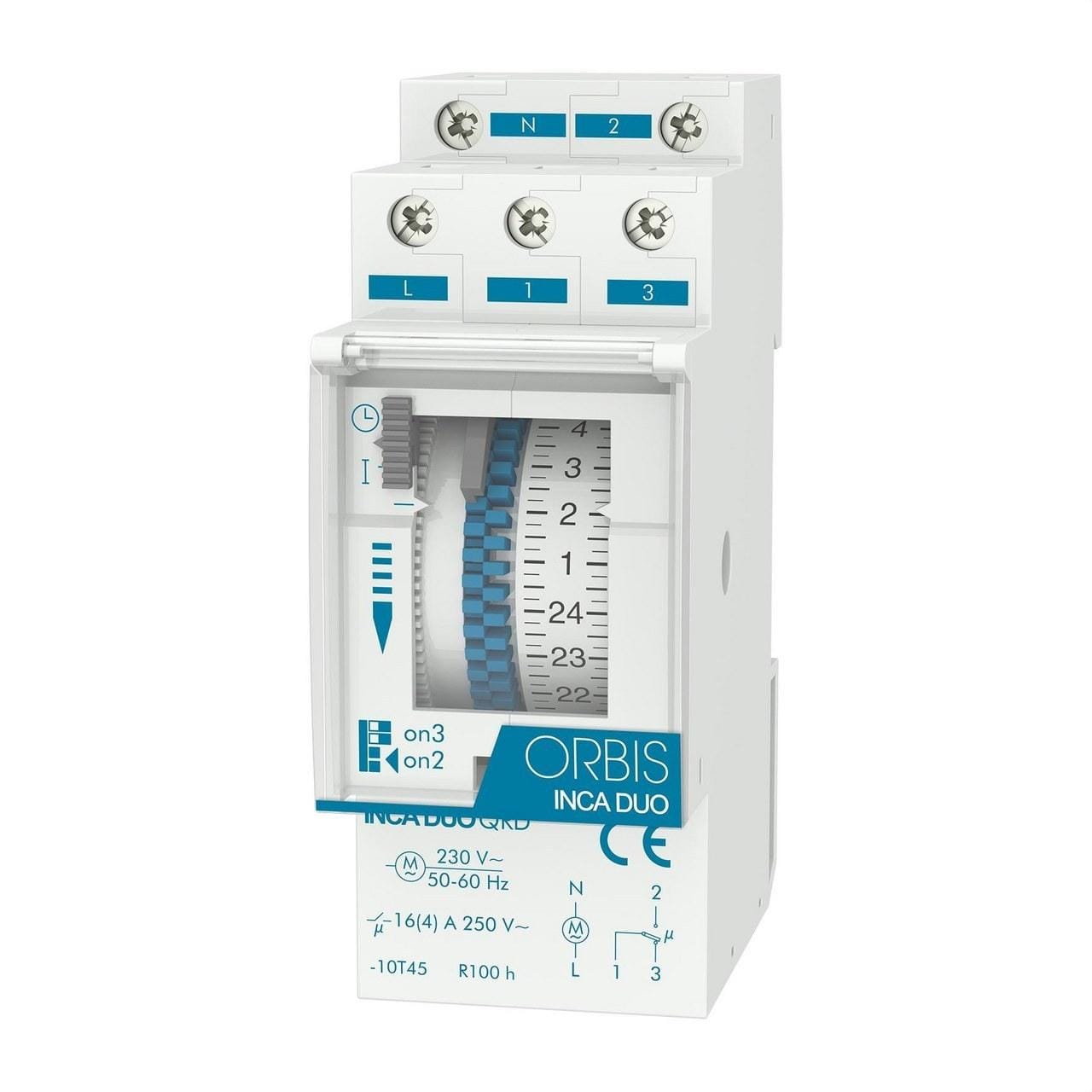 ORBIS - Interruptor horario analógico INCA DUO QRS 24V 2 módulos con reserva > 100 h semanal maniobra mínima 2 h poder de ruptura: 16(4)A / 250V AC