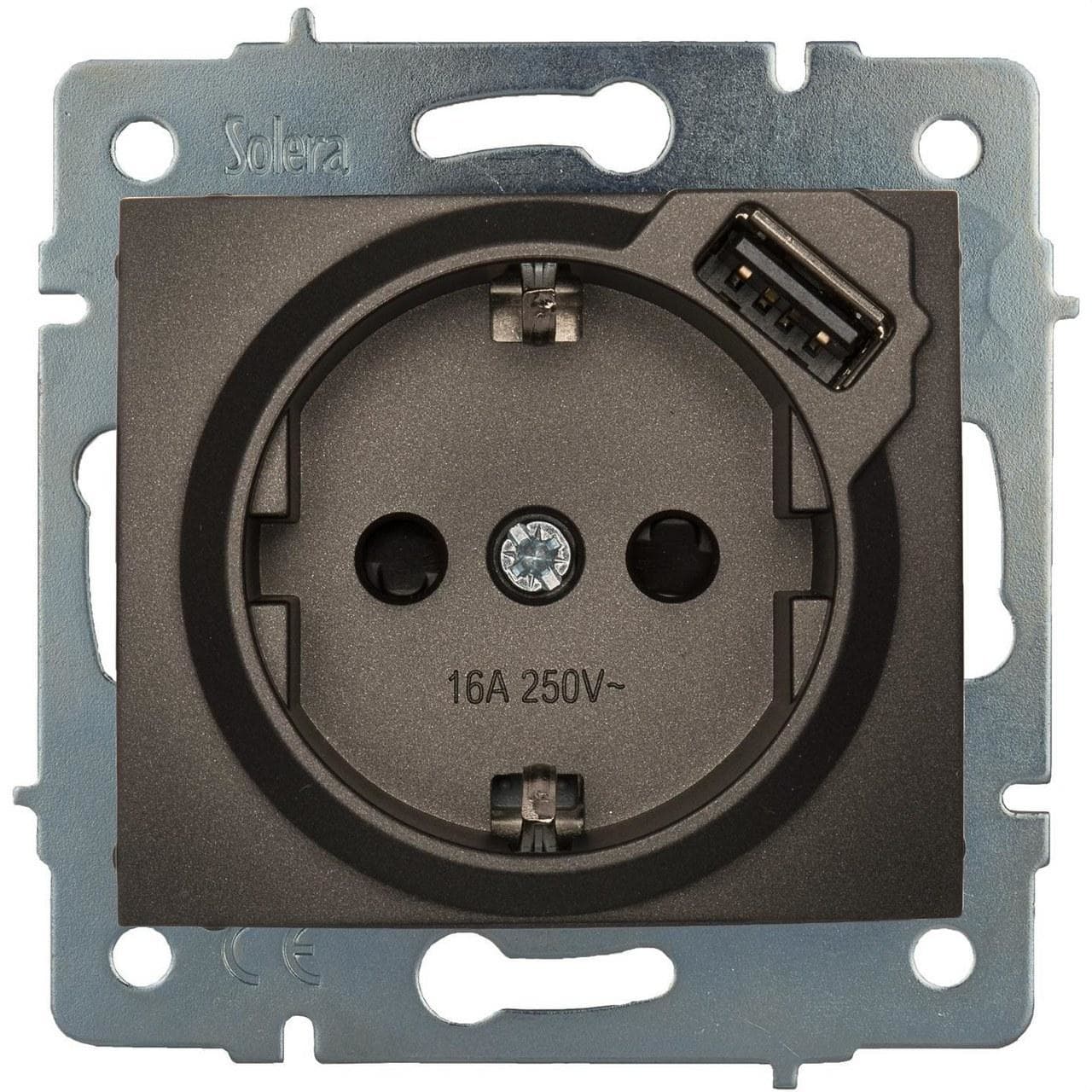 SOLERA - Base fija 2P+T, 16A 250V~ + toma USB 2,1A 5V, embornamiento rápido de empotrar, con obturador, sin marco, grafito
