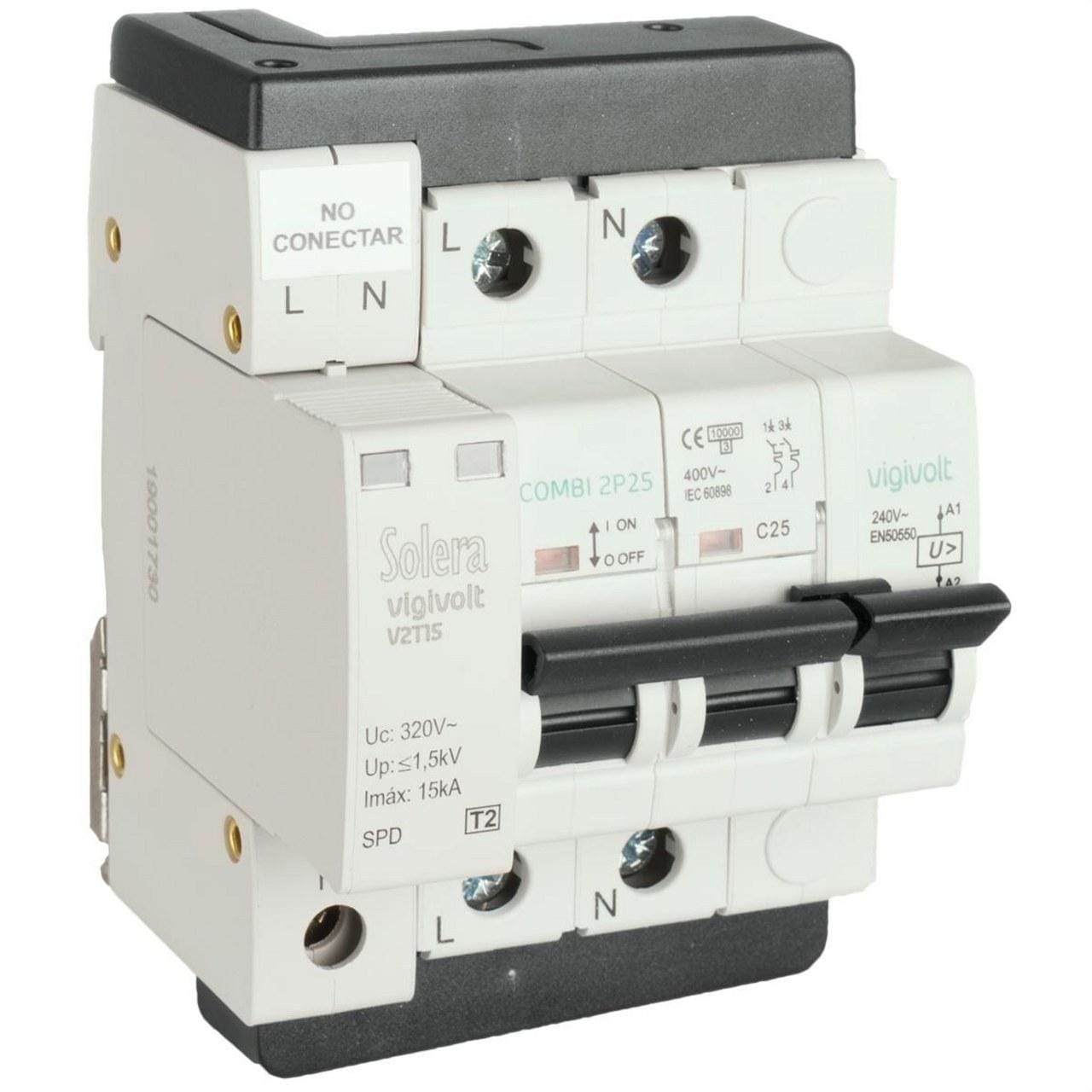 SOLERA - Interruptor magnetotérmico de 2P 40A más limitador sobretensiones permanente / limitador sobretensiones transitoria