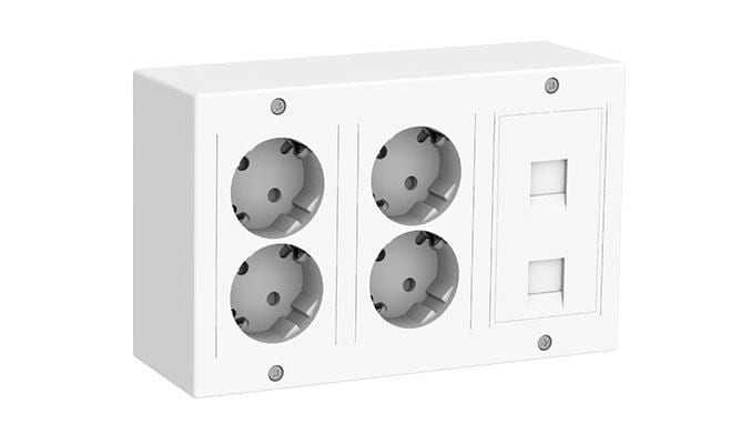 MMCONECTA - Kit caja 3 módulos 4 schukos blancos y placa datos para dos RJ45 Keystone