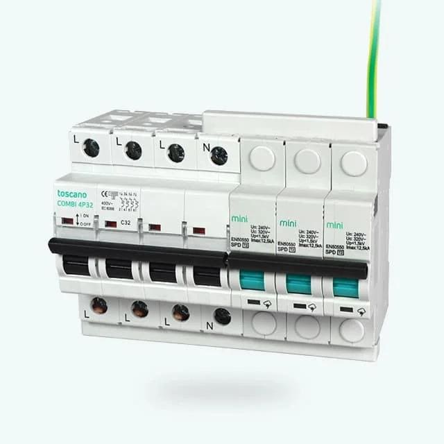 TOSCANO - Protector de sobretensión transitoria COMBI-MINI 4P25T15 15kA y permanente 400V AC IGA 4x25A 10kA
