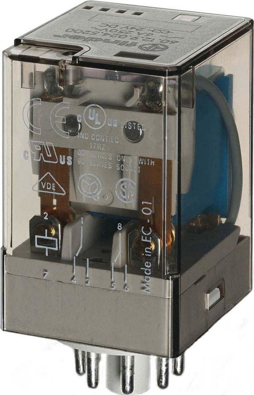 FINDER - Relé industrial enchufable en zócalo octal SERIE 60, 2 contactos conmutados, 10A, AgNi, 48V DC, pulsador de prueba + indicador mecánico