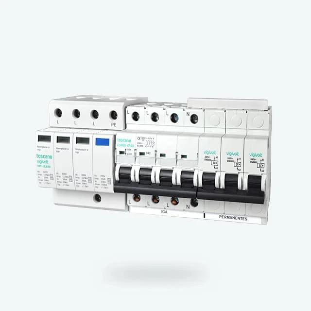 TOSCANO - PROTECTOR DE SOBRETENSIÓN TRANSITORIA IIMP:12,5KA IMAX:50KA Y PERMANENTE 400VAC, IGA 4X16A, 10KA, PRECABLEADO, POP EN-50550, CLASE I+II