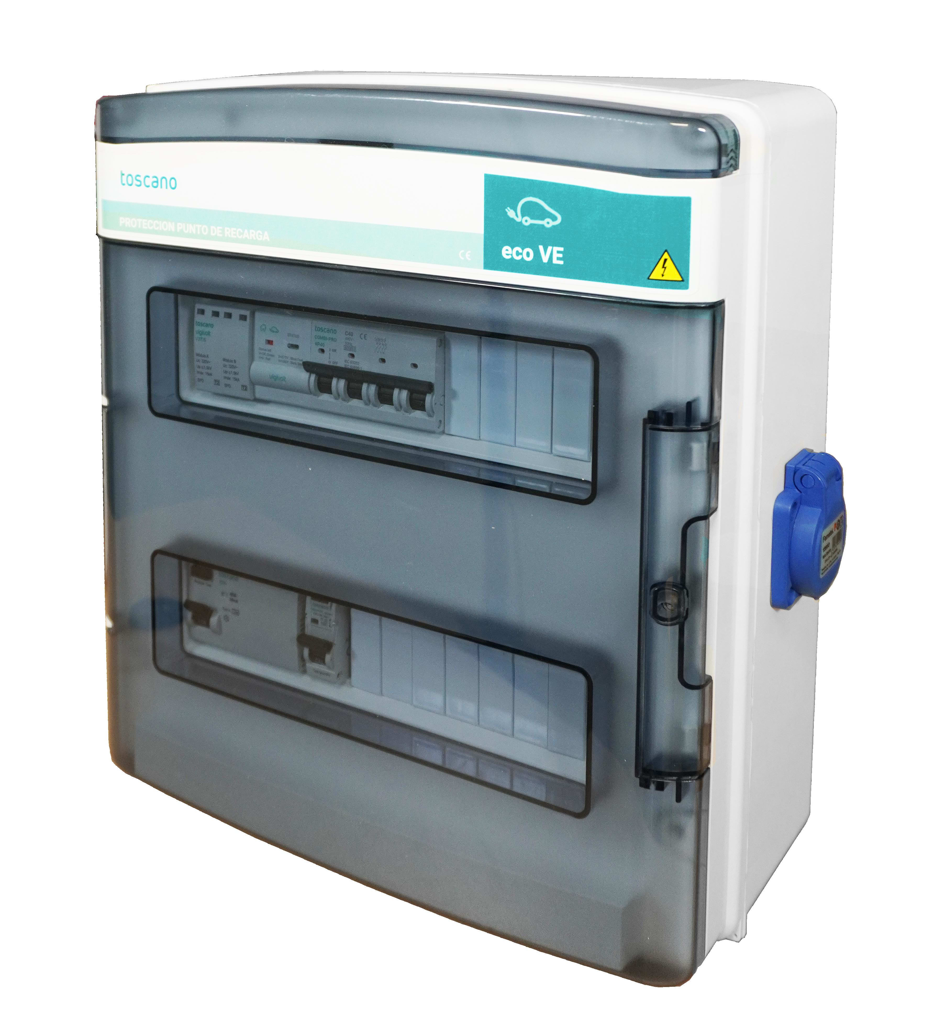 TOSCANO - Cuadro de mando y proteccion para recarga de vehiculo electrico 4 polos 40A 400/230VAC transitoria 15kA y permanente reconexión automática