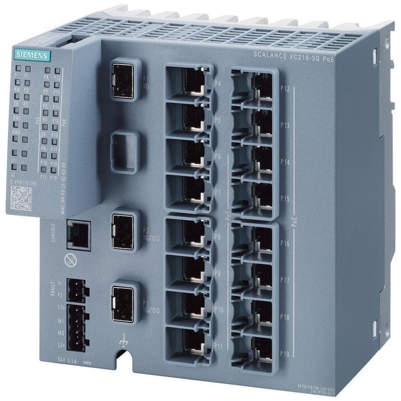 SIEMENS - Switch gestionable Layer 2 Ethernet Industrial SCALANCE X/SCALANCE XC216-3G PoE con certificación IEC 62443-4-2 54V DC