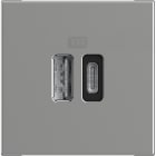 BTICINO - Base cargador doble USB Classia - Tipo A+C - Aluminio - 2 módulos