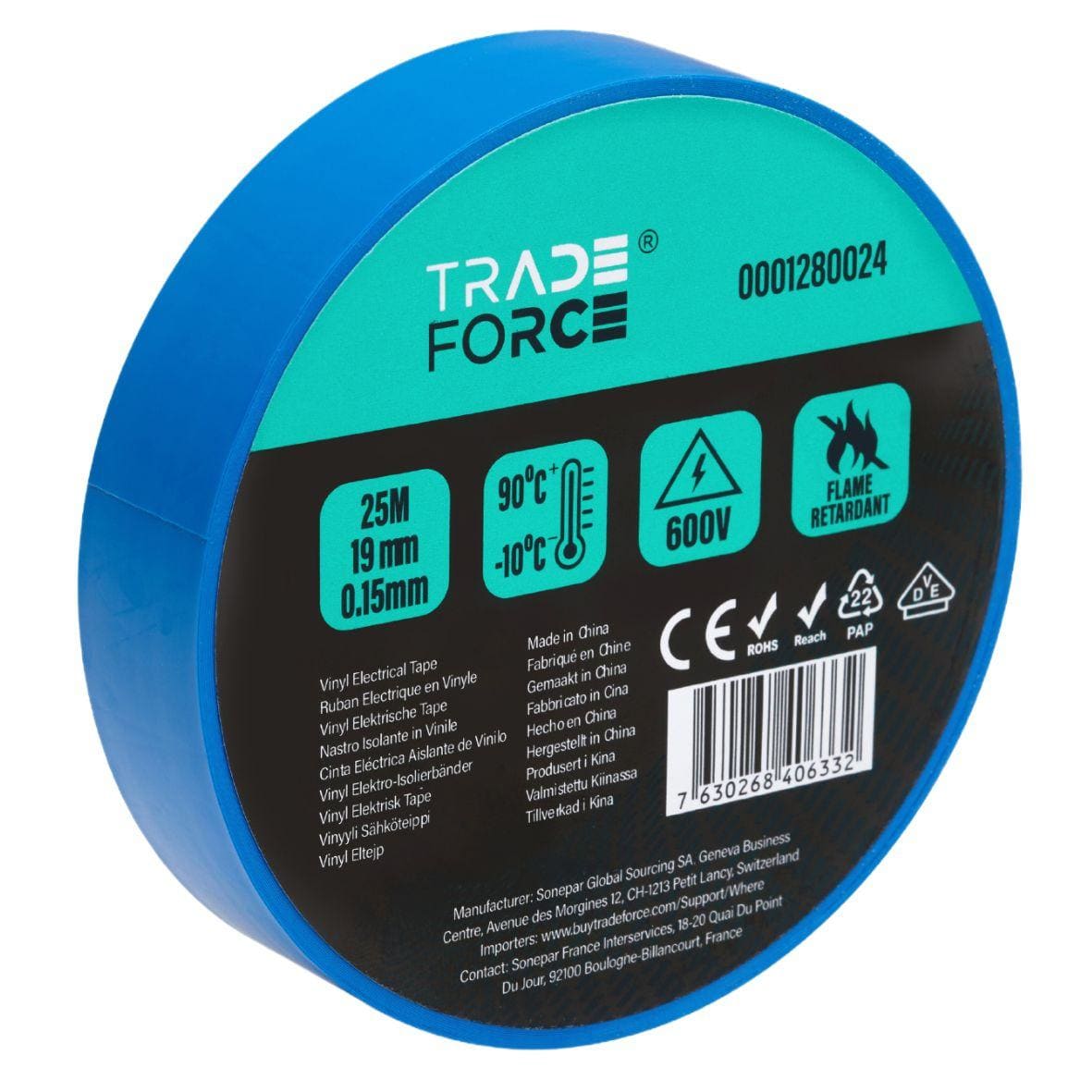 TRADEFORCE - Electrical Tape, PVC Film, 25m, 19mm*0.15mm, Blue, Flame Retardant, VDE, 600V, -10°C-90°C