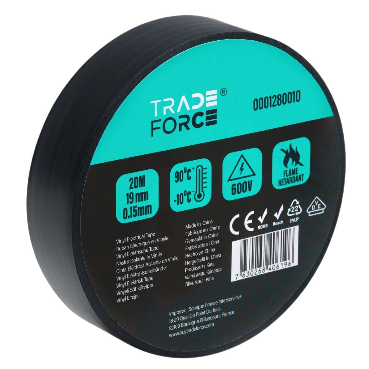TRADEFORCE - Electrical Tape, PVC Film, 20m, 19mm*0.15mm, Black, Flame Retardant, VDE, 600V, -10°C-90°C