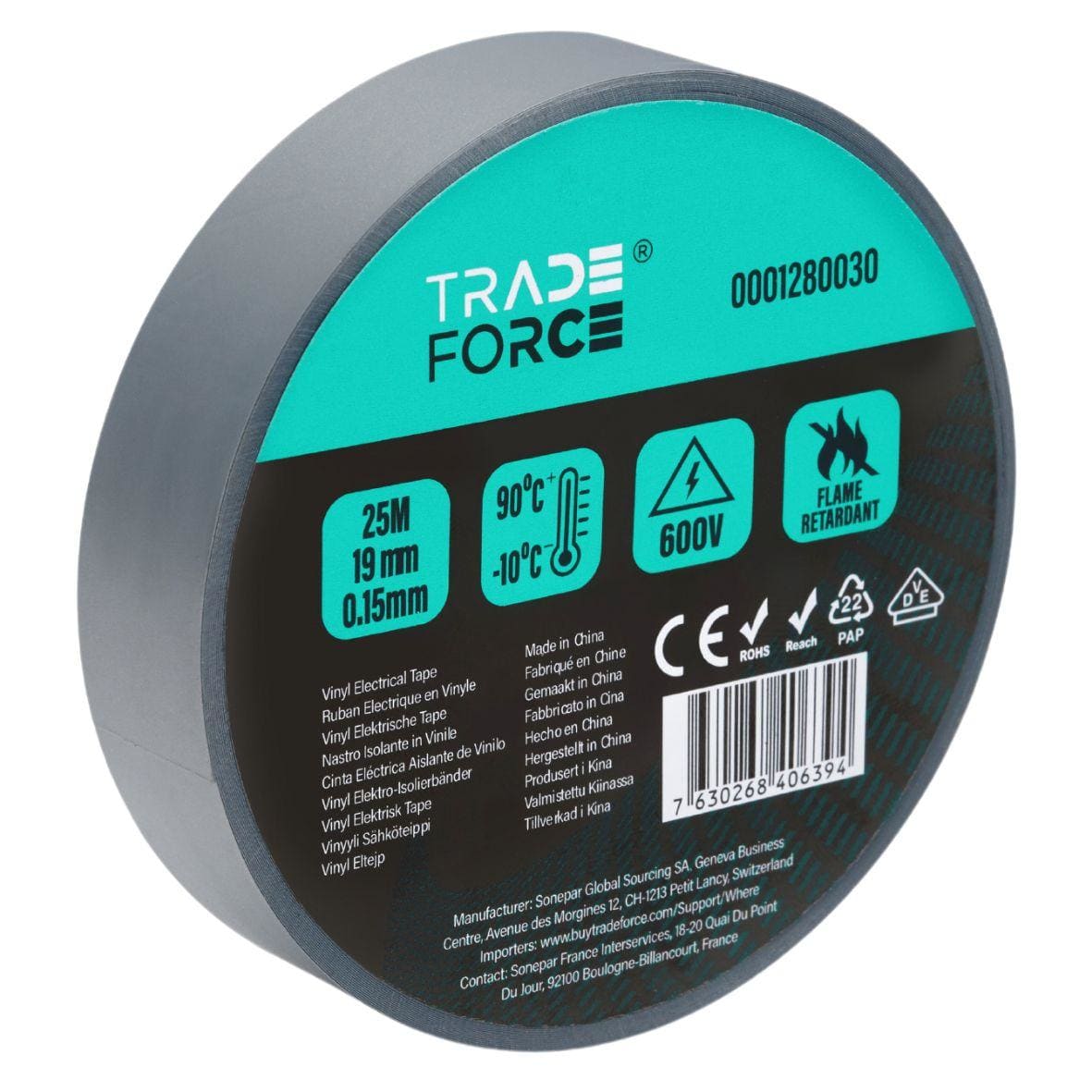 TRADEFORCE - CINTA AISLANTE PVC 25M 19*0,15MM GRIS 600V