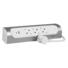 LEGRAND - Base múltiple en ángulo con 3 tomas rasantes 2P+T y USB tipo A y C. Ideal cocina. Instalación adhesivo o tornillo. Bl y alu. Cable 1 m