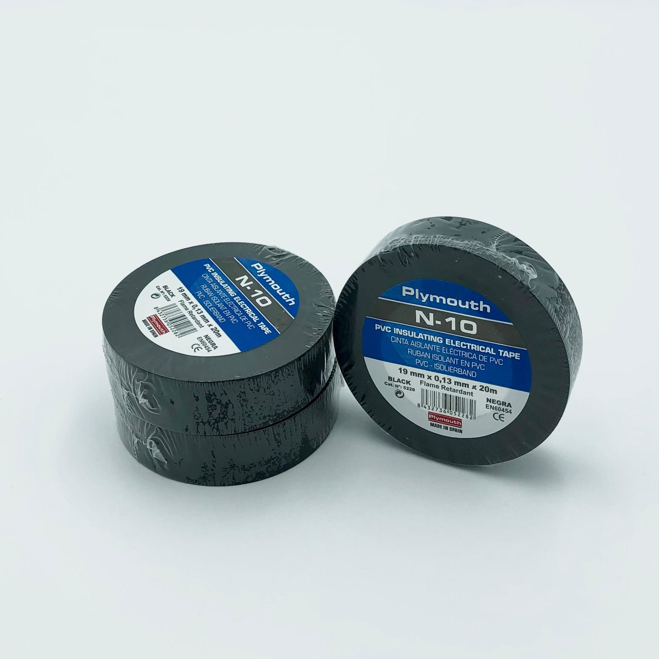 PLYMOUTH - Cinta aislante eléctrica  profesional PVC ALTA ADHESION 20m x 19mm x 0,13mm Negro CE PK5