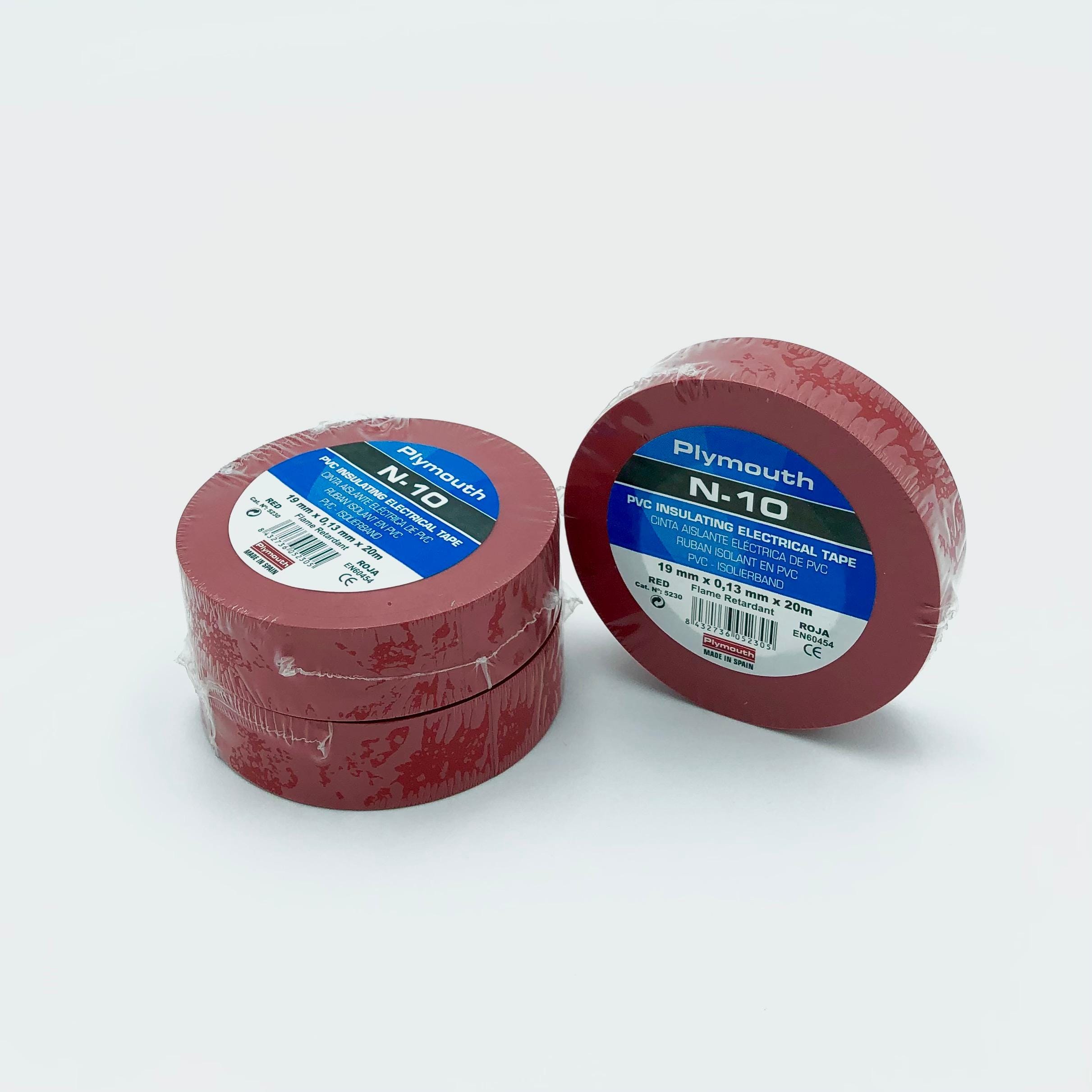 PLYMOUTH - Cinta aislante eléctrica  profesional PVC ALTA ADHESION 20m x 19mm x 0,13mm Rojo CE PK5