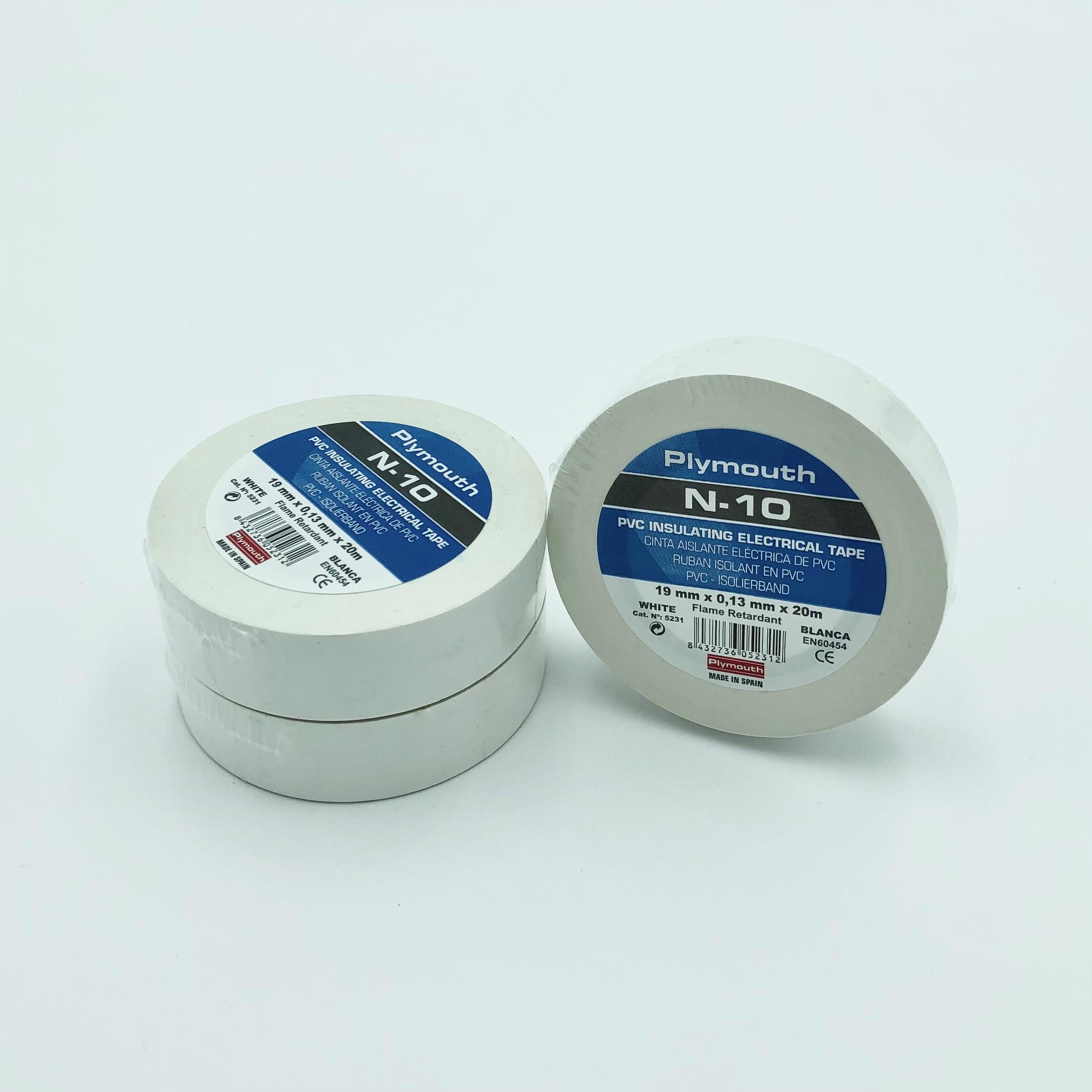 PLYMOUTH - Cinta aislante eléctrica  profesional PVC ALTA ADHESION 20m x 19mm x 0,13mm Blanco CE PK5