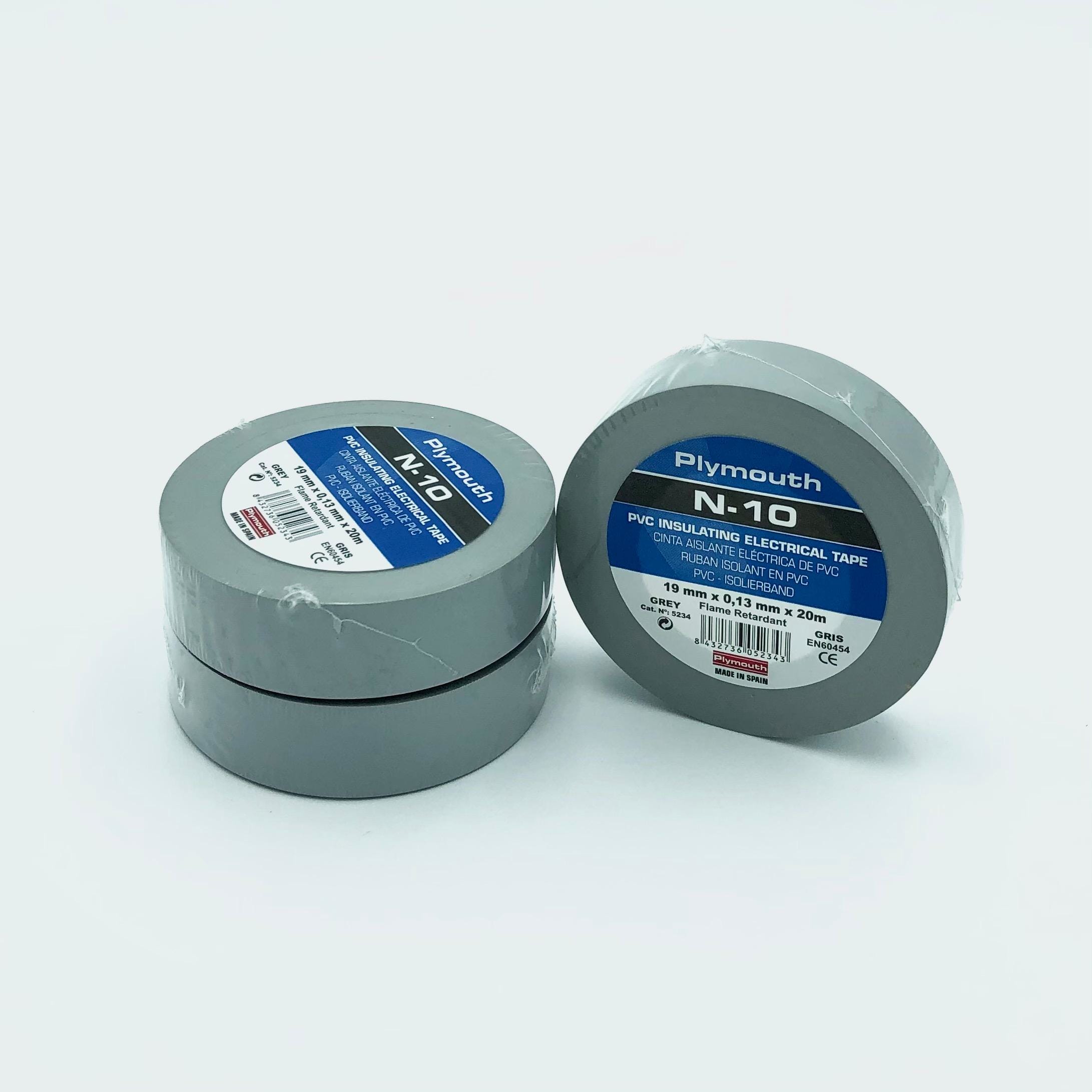 PLYMOUTH - Cinta aislante eléctrica  profesional PVC ALTA ADHESION 20m x 19mm x 0,13mm Gris CE PK5