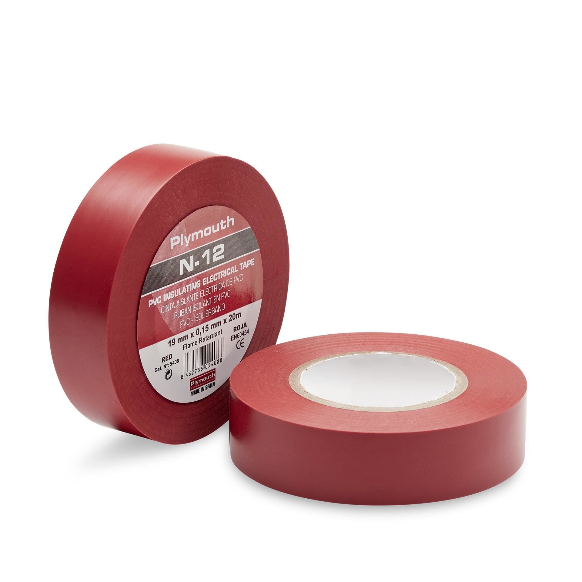 PLYMOUTH - Cinta aislante eléctrica profesional PVC ALTA ADHESION 20m x 19mm x 0,15mm Rojo CE PK5