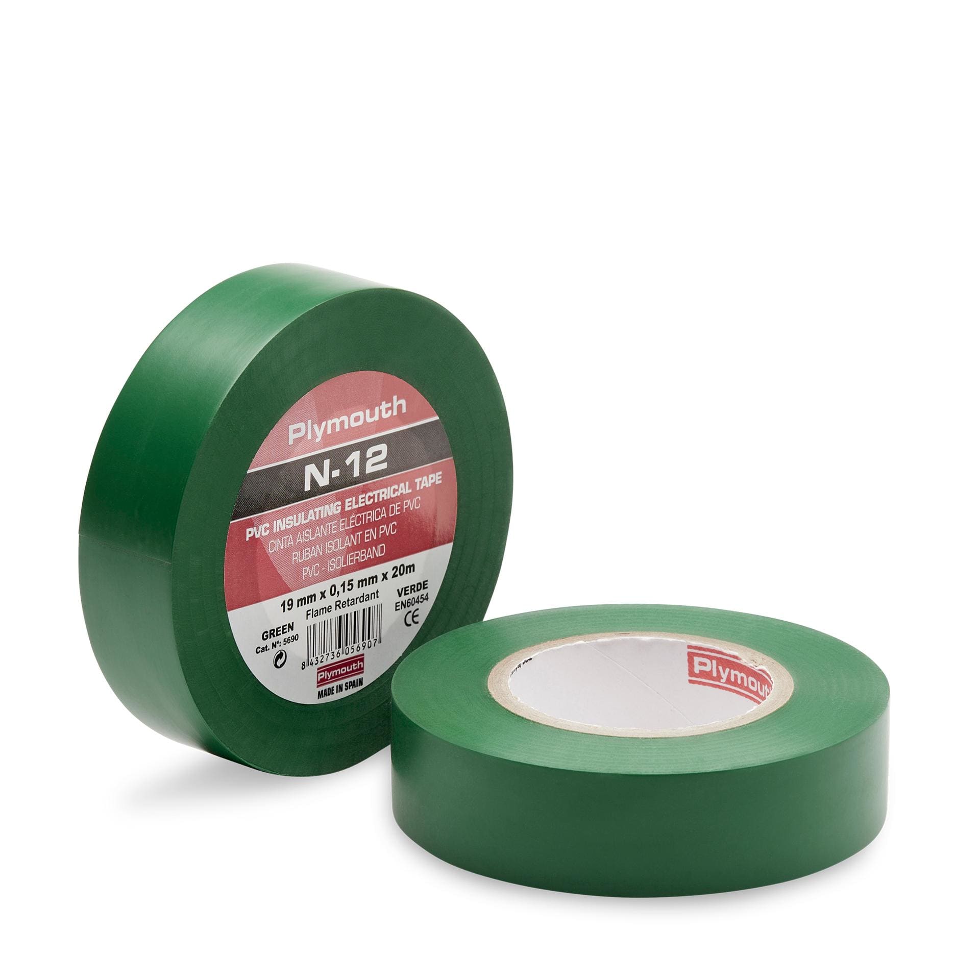 PLYMOUTH - Cinta aislante eléctrica profesional PVC ALTA ADHESION 20m x 19mm x 0,15mm Verde CE PK5