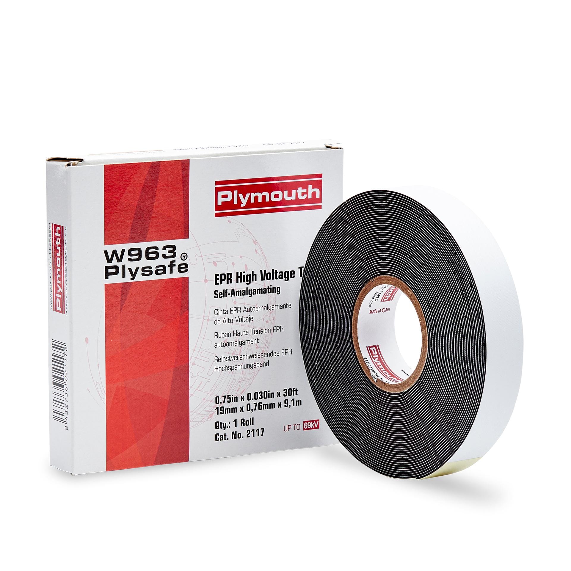 PLYMOUTH - Cinta aislante caucho EPR autosoldable ALTO VOLTAJE hasta 69kV 9,1m x 19mm x 0,76mm Negro C Est