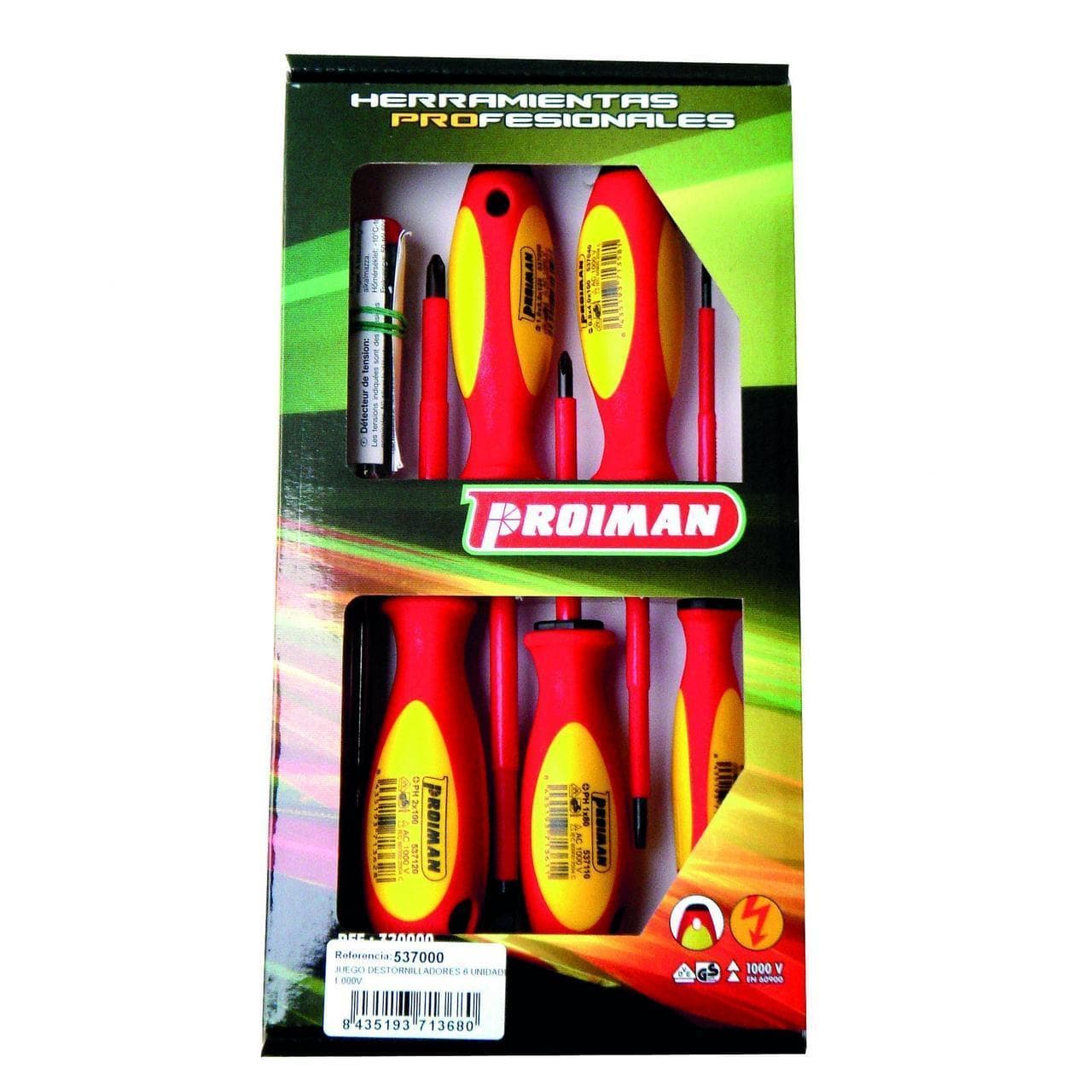 PROIMAN - JUEGO DESTORNILLADORES 6 UNIDADES PLANOS 3-4-5 + PHILIPS 1-2+BUSCAPO 1.000V
