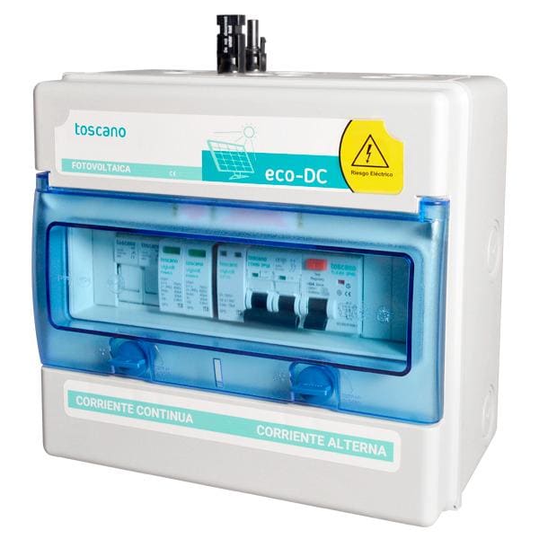 TOSCANO - Cuadro fotovoltaica 1 string/1 MPPT, fusible, transitoria 15kA T2 1000V DC; trifásico 400V 32A, dif. A 30mA, trans. 15kA, sin sobretensión