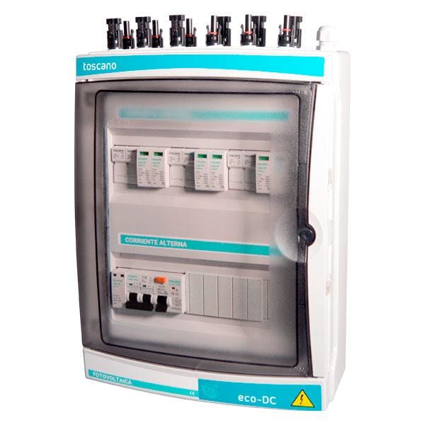 TOSCANO - Cuadro protección 2 string/2 MPPT, 1000V DC, fusibles 15A, conectores MC4; AC 2x40A 30mA, trifásica 400/230V, transitoria 15kA y permanente