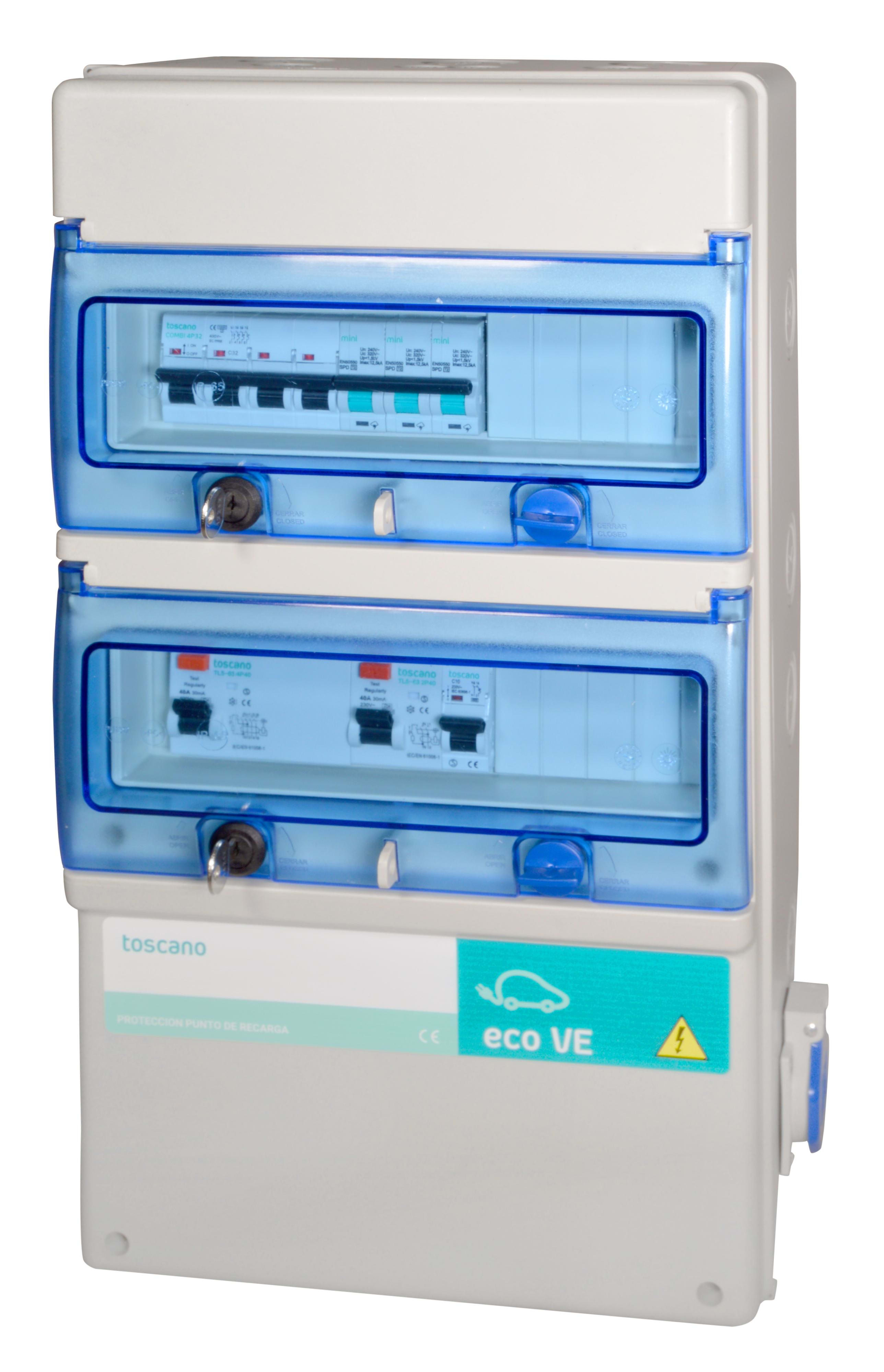 TOSCANO - Cuadro de mando y protección para recarga de vehículo eléctrico, 4 polos 40A 400/230V AC, sobretensión transitoria 15kA y permanente, Schuko