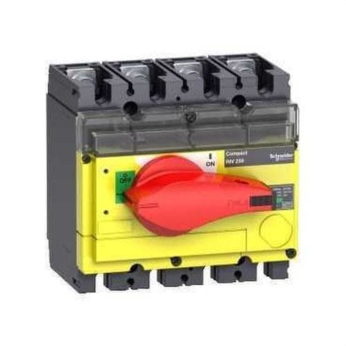 Schneider Electric - Interruptor INTERPACT INV250 4P con tapa amarilla empotrable roja