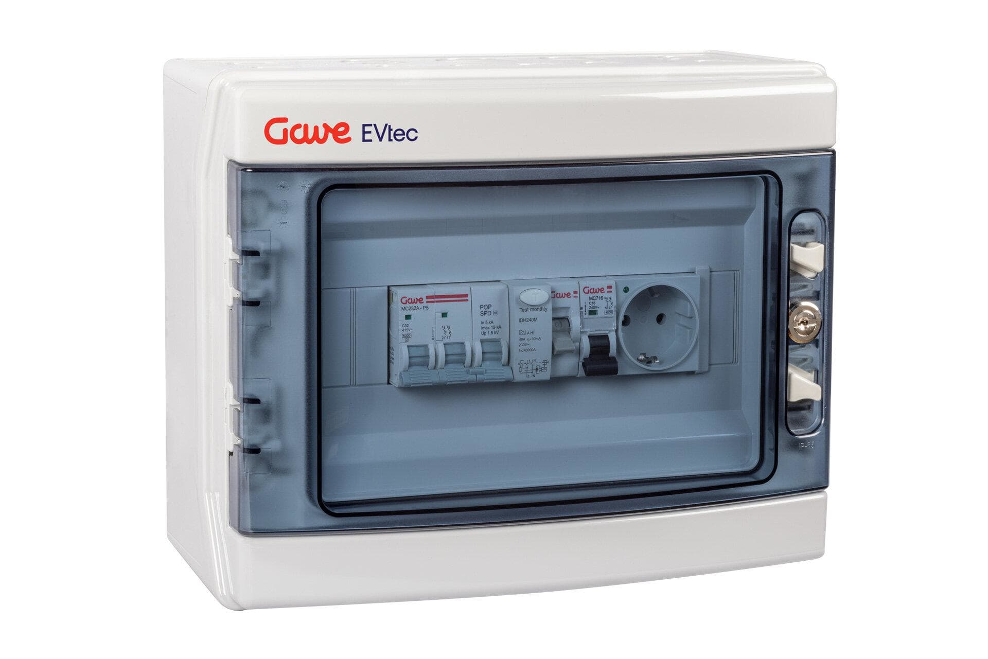 GAVE - CAJA MODULAR PROTECCION RECARGA VE 1P+N 32A CON PROTECTOR SOBRETENSION PERMANENTE Y TRANSITORIA Y TOMA SCHUKO 1P+N 16A