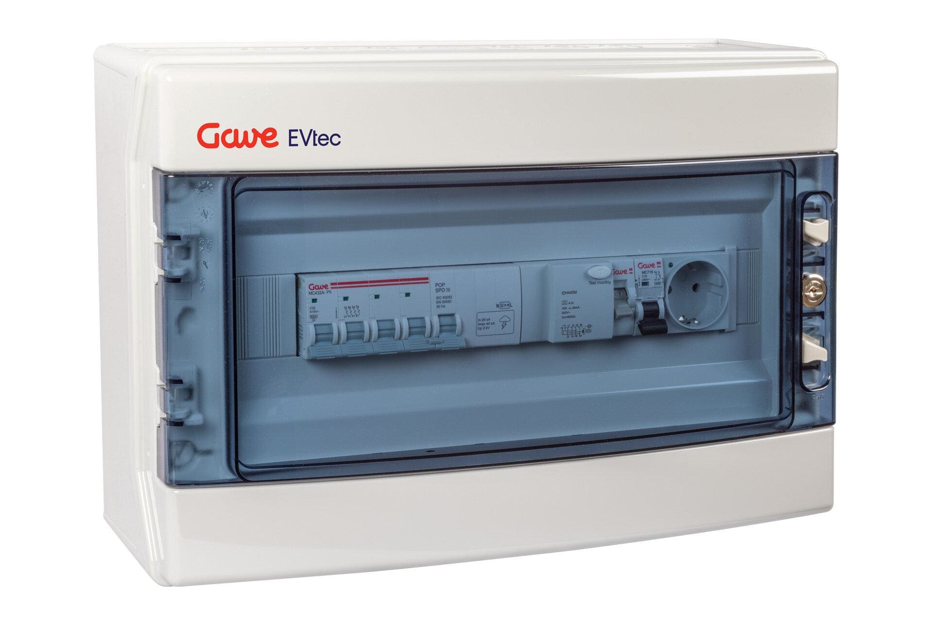 GAVE - CAJA MODULAR PROTECCION RECARGA VE 3P+N 16A CON PROTECTOR SOBRETENSION PERMANENTE Y TRANSITORIA Y TOMA SCHUKO 1P+N 16A