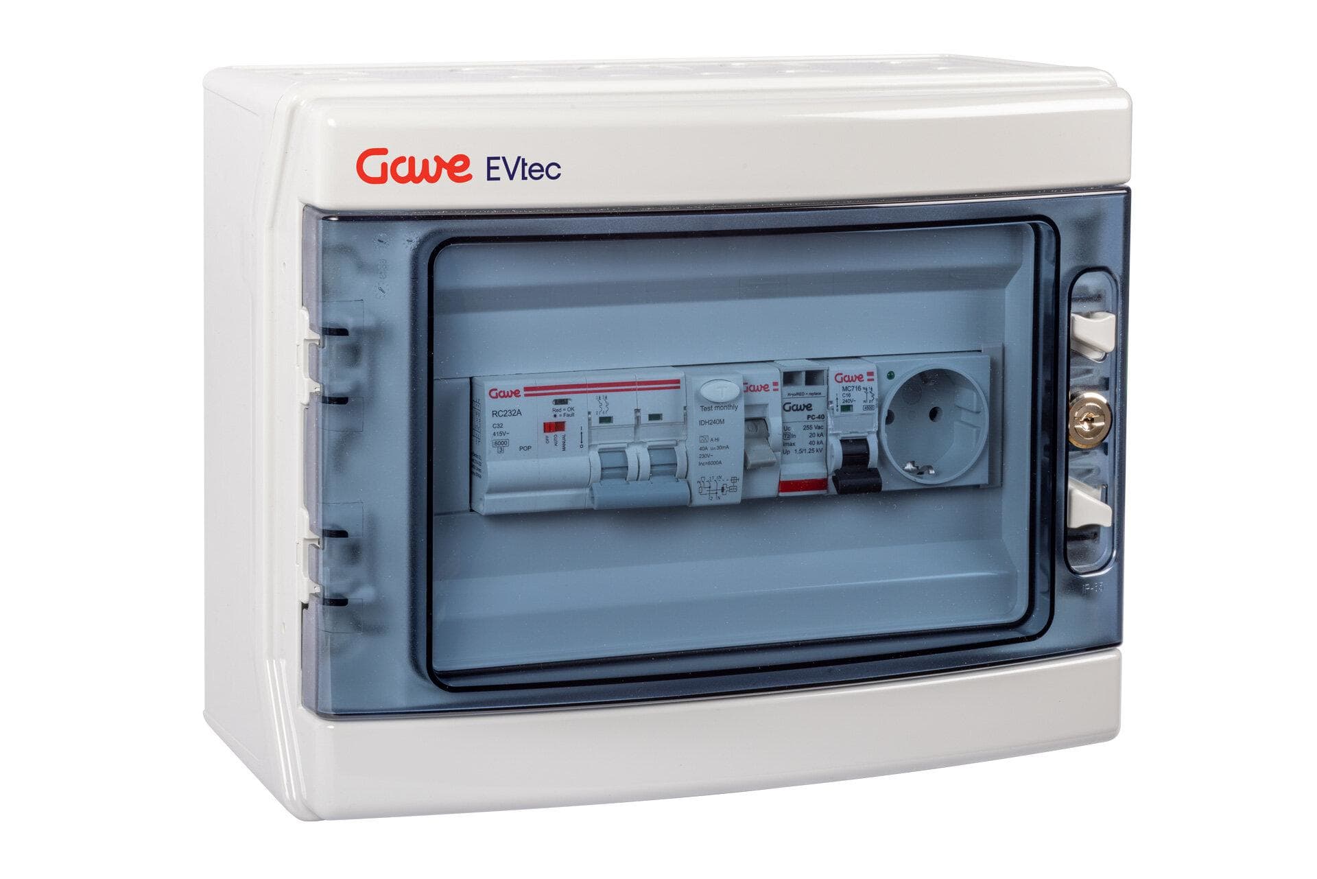 GAVE - CAJA MODULAR PROTECCION RECARGA VE 1P+N 32A CON REARME AUTOMATICO, PROTECTOR SOBRETENSION PERMANENTE Y TRANSITORIA Y TOMA SCHUKO 1P+N 16A