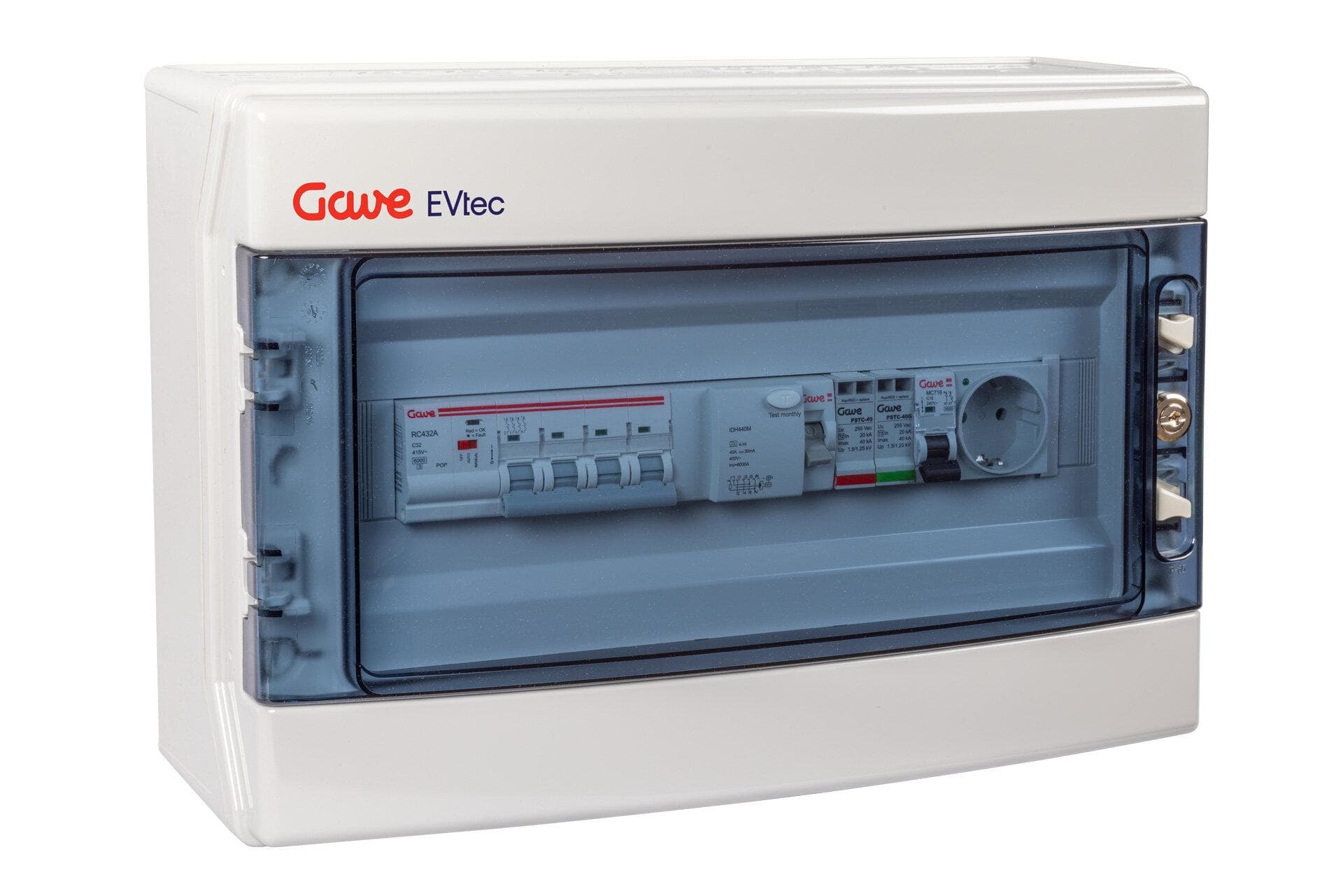 GAVE - CAJA MODULAR PROTECCION RECARGA VE 3P+N 40A CON REARME AUTOMATICO, PROTECTOR SOBRETENSION PERMANENTE Y TRANSITORIA Y TOMA SCHUKO 1P+N 16A